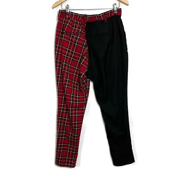 Hot Topic Pants Juniors Large Red Tartan Plaid Black Split Leg Stretch Waist - Picture 3 of 4